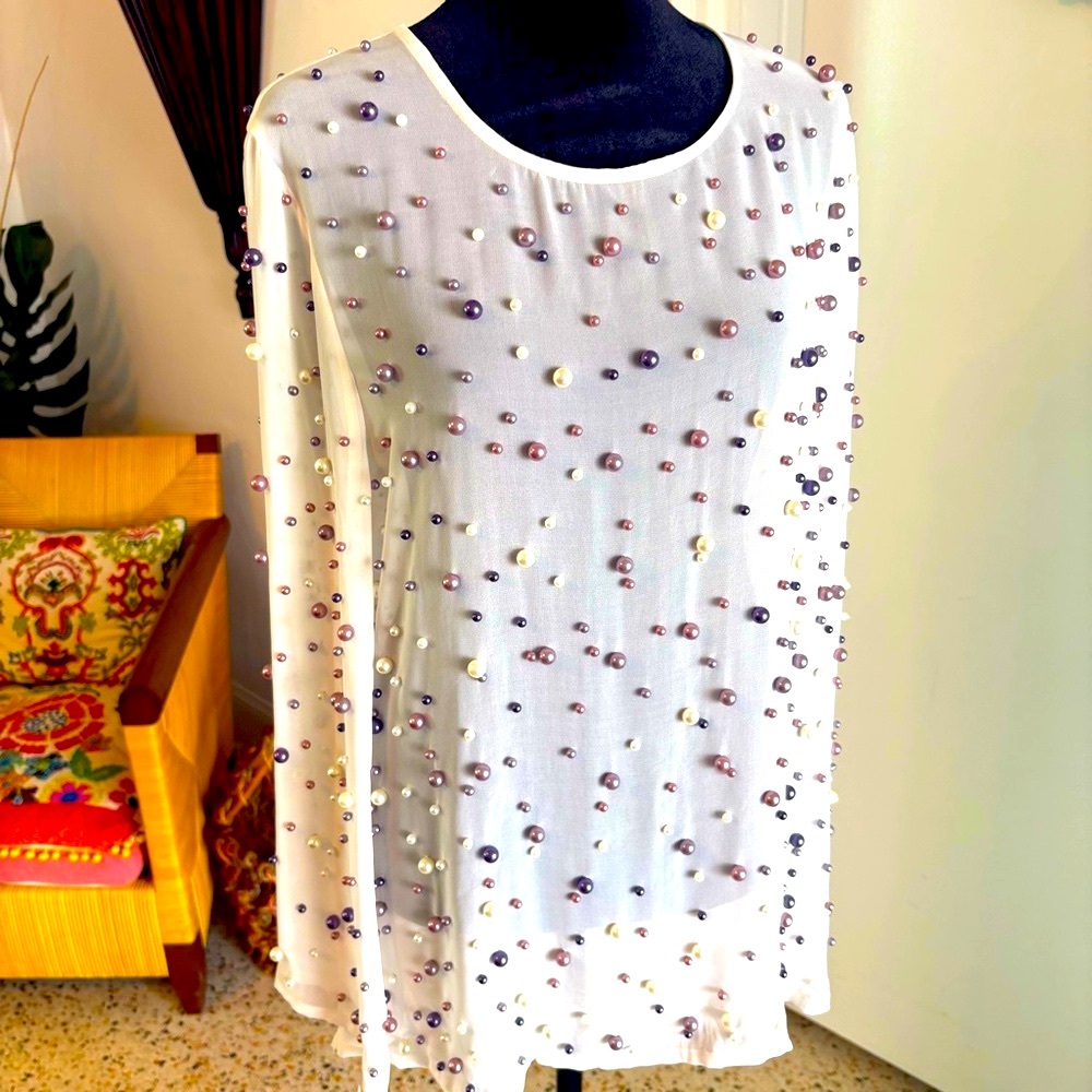 A Z I Designer Luxury Beaded Embellished Long Sleeve Sheer Top! Back Zip! NEW. M